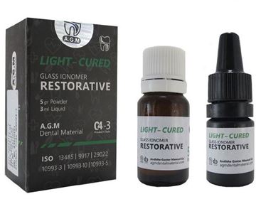 تصویر سیمان (جعبه مشکی) گلس اینومر لایت کیور (تاریخ 2028/07) 5گرم پودر 3 میل مایع AGM RESTORATIVE